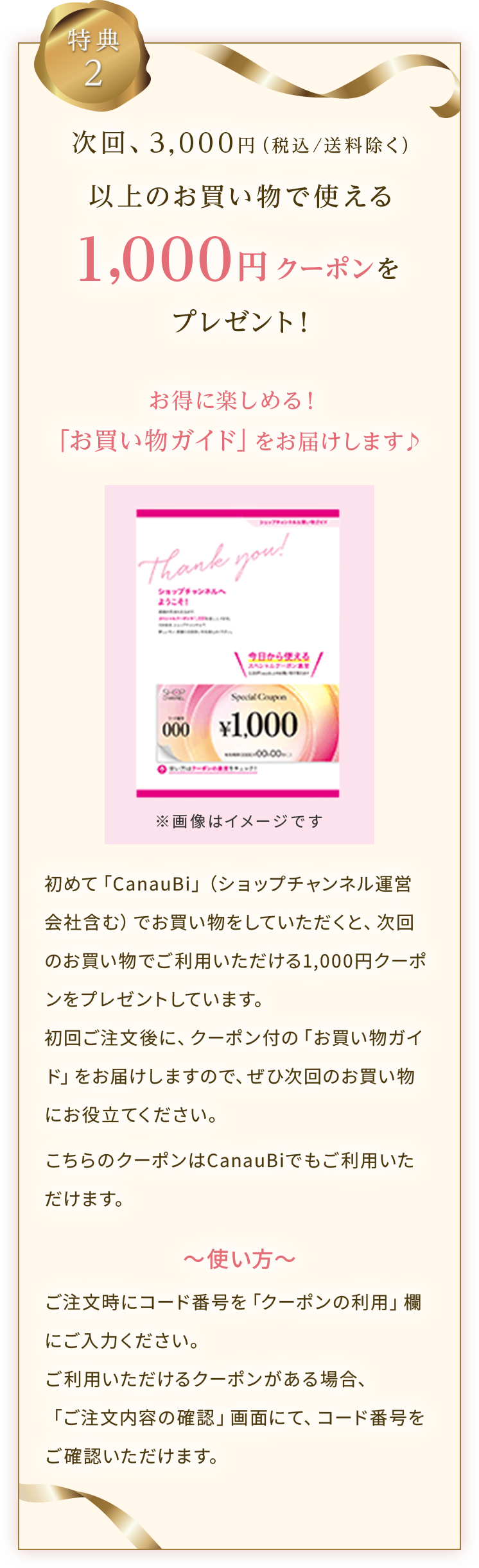 次回3,000円（税込・送料除く）以上の購入で使える1,000円クーポンをプレゼント。お買い物ガイド付き