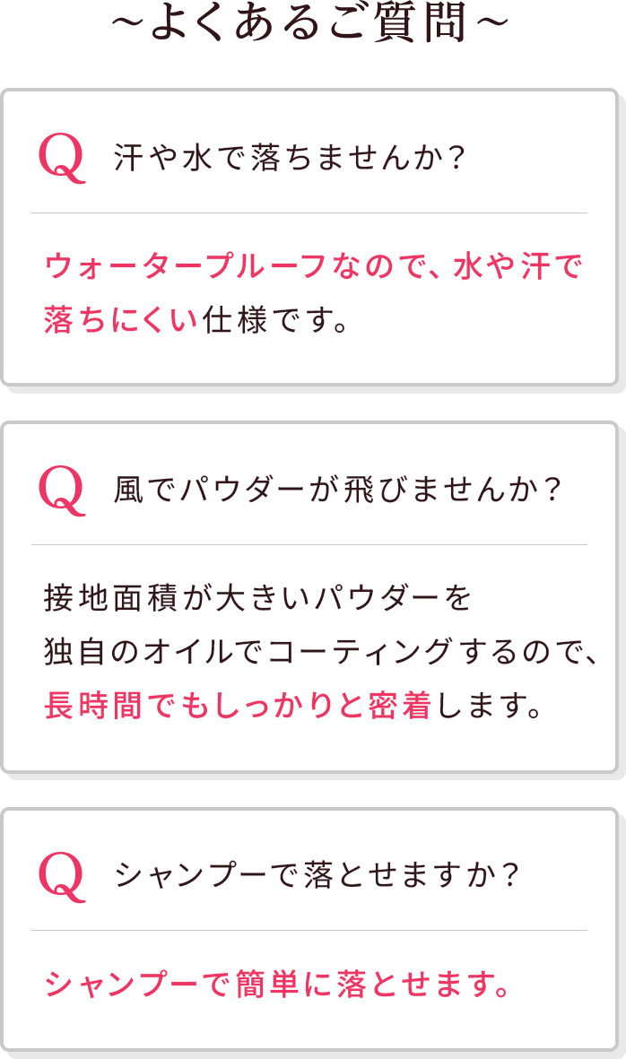 汗や水で落ちにくいこと、風でも飛びにくい密着仕様であること、シャンプーで簡単に落とせることなど、商品のよくある質問への回答をまとめたビジュアル。