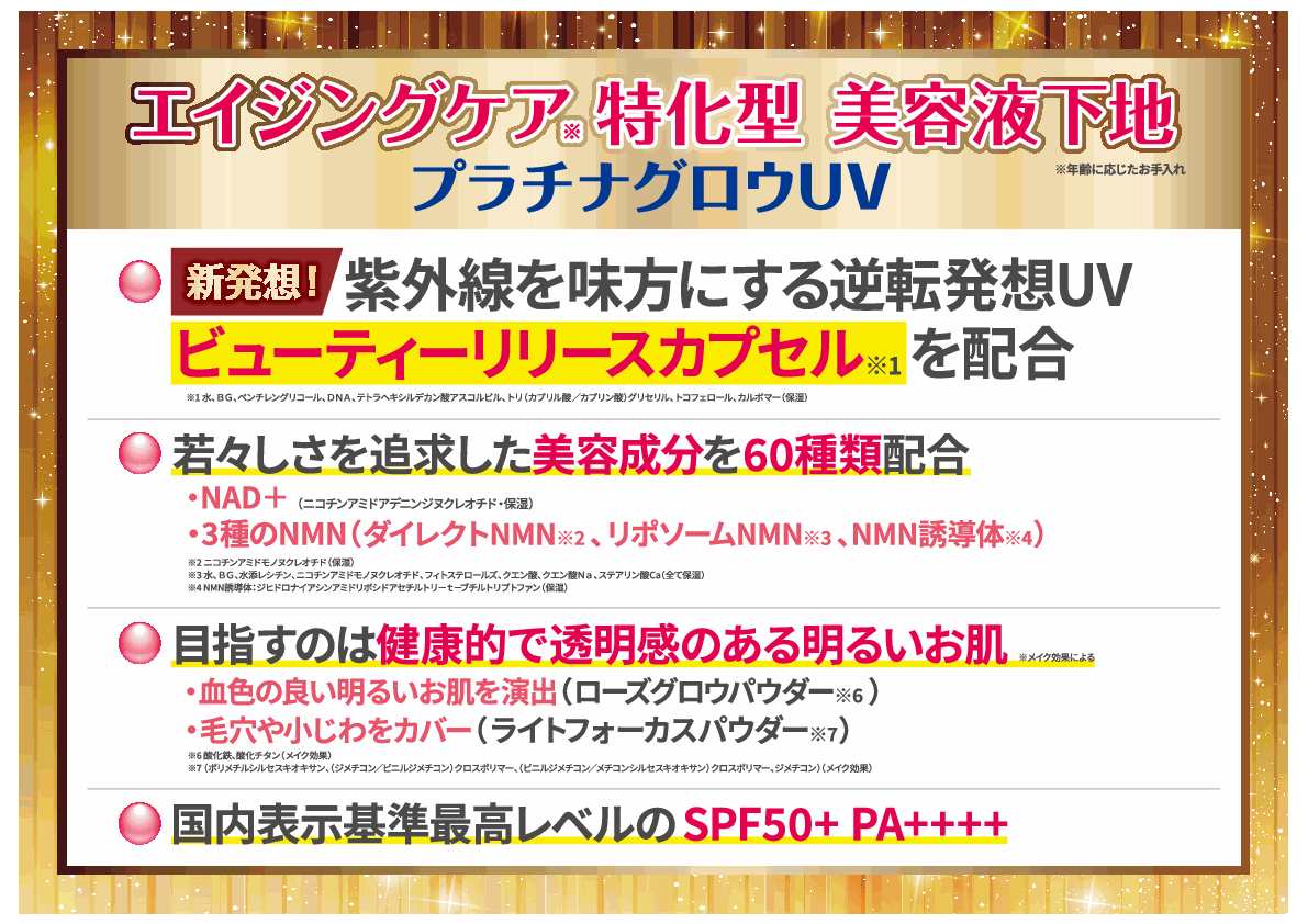 先端成分ＮＭＮ（ニコチン アミドモノヌクレオチド） 配合！ハリツヤ潤いケア＆ ＵＶカット リポソームＮ プラチナグロウ　ＵＶ ２本セット